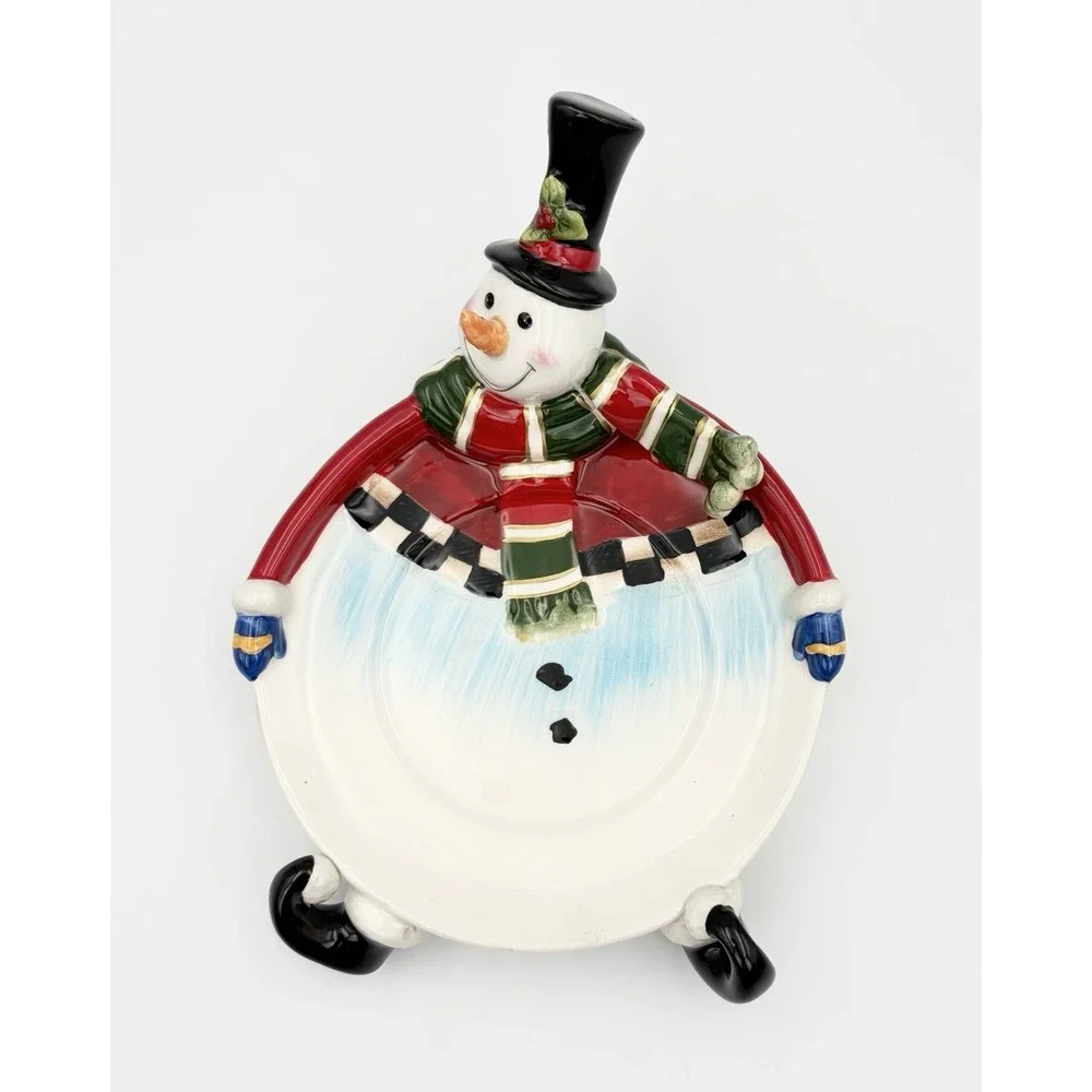 Fitz and Floyd Sullivan Snowman Candle Holder Plate Trinket Dish Vintage 2006